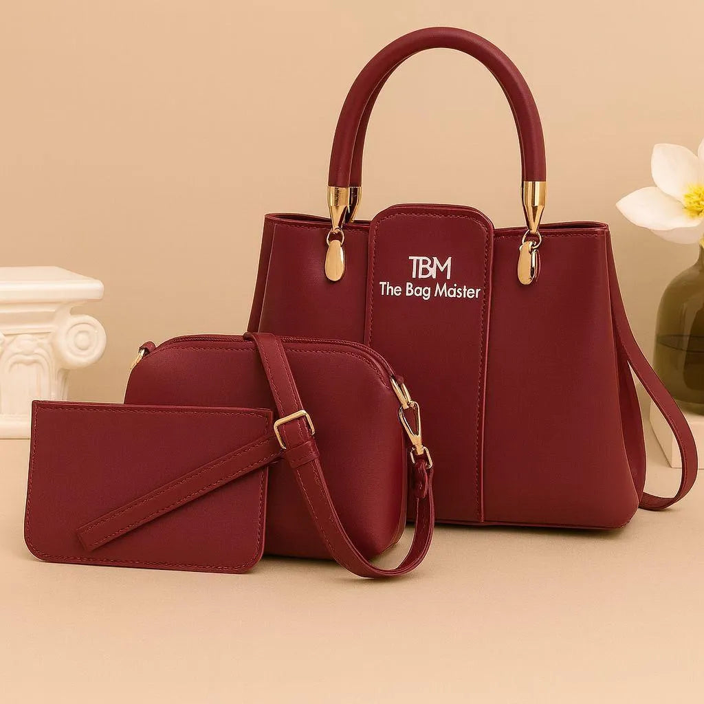 Women's Rexine 3-Piece Handbag Set Brown