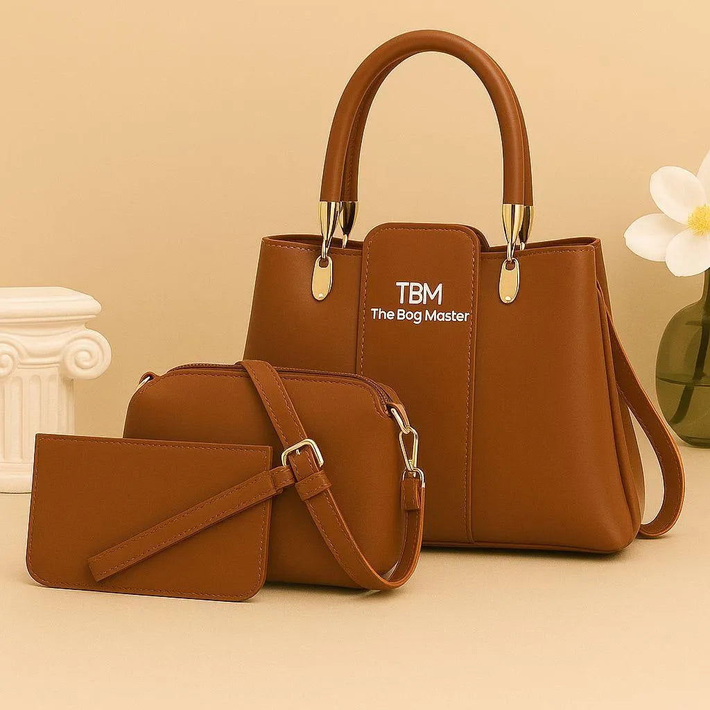 Women's Rexine 3-Piece Handbag Set Brown
